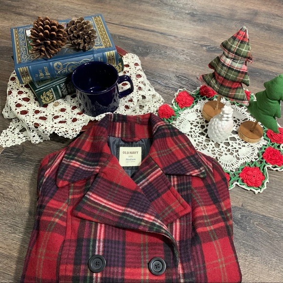 Old Navy Jackets & Blazers - Red Plaid Double Breasted Pea Coat